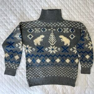Marsh Landing Sweater Womens L Gray Wool Good Polar Bear Fair Isle Hand Knit